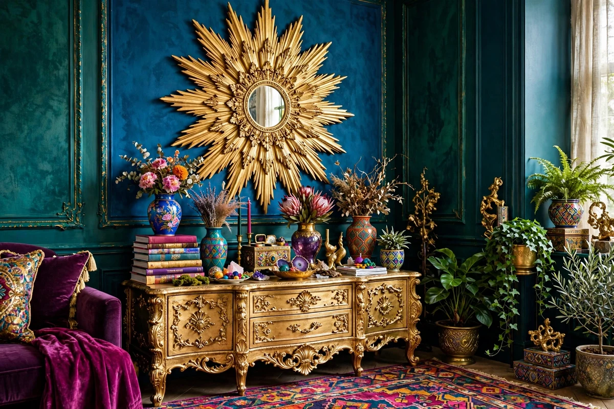 Maximalist living room corner with gilded console table and gold sunburst mirror