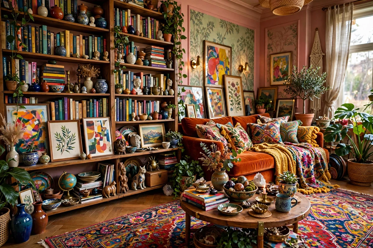 Maximalist living room with tall bookshelf packed with colorful books and objects