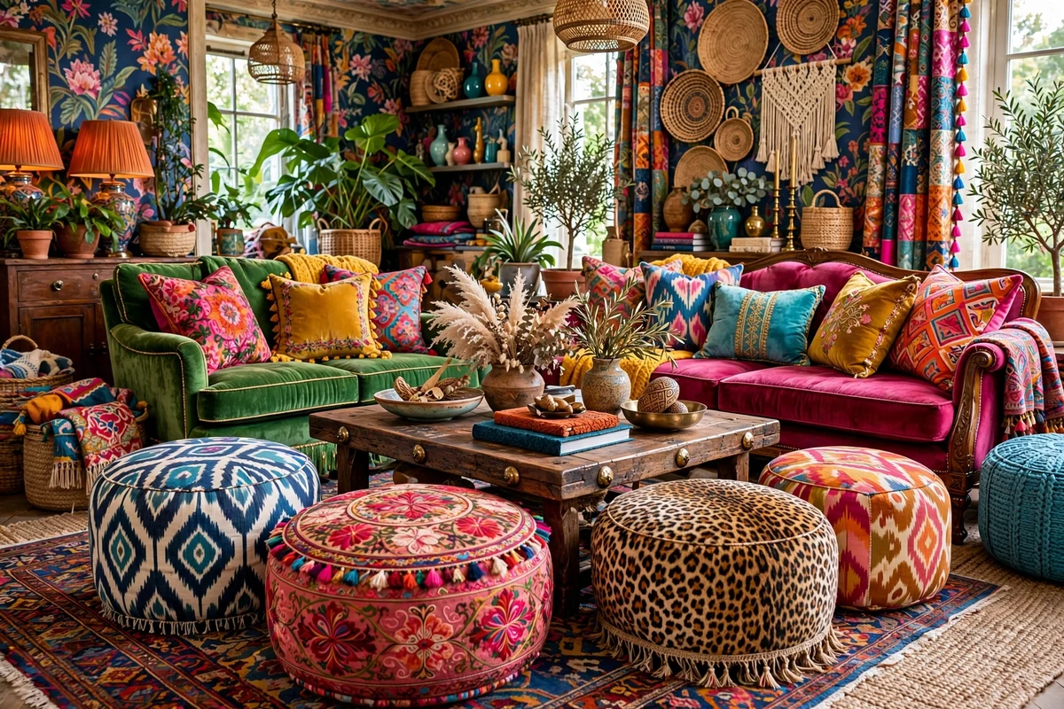 Maximalist living room with cluster of patterned ottomans and poufs in bold prints