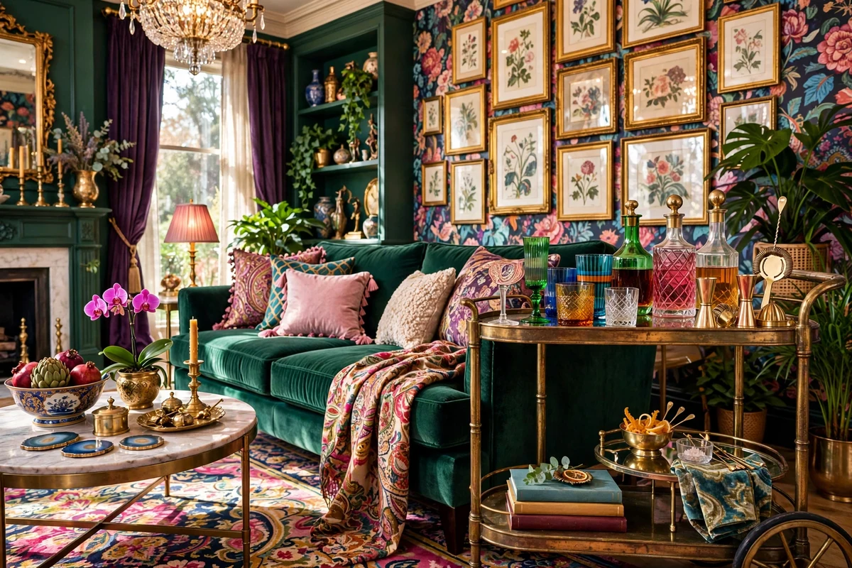 Maximalist living room with vintage brass bar cart styled with colorful glassware