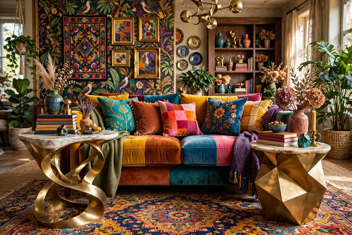 Maximalist living room with sculptural marble and brass side tables beside sofa