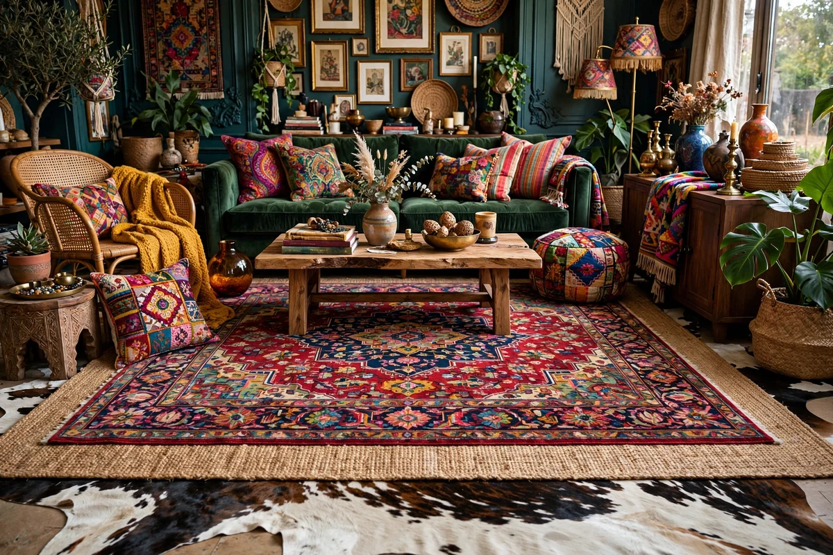 Maximalist living room with three layered area rugs in mixed patterns