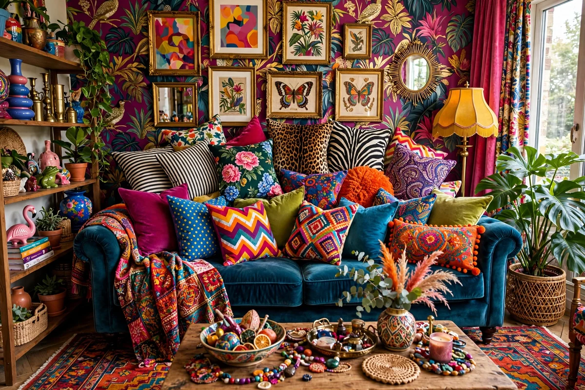Maximalist sofa piled with clashing pattern throw pillows in bold colors