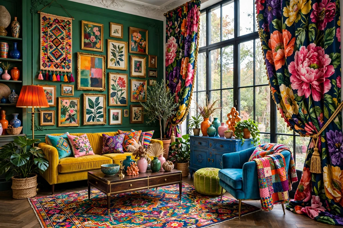 Maximalist living room with bold oversized floral floor-to-ceiling drapery