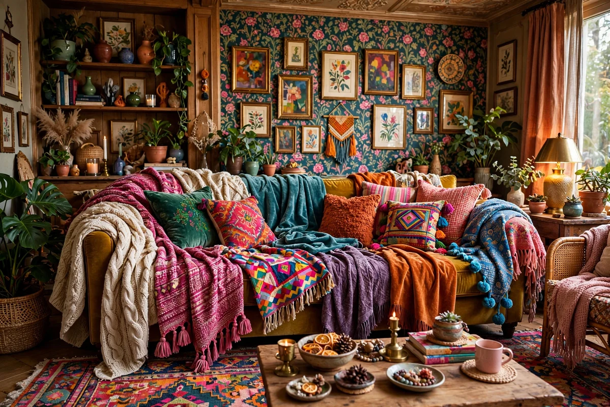 Maximalist living room sofa draped with layers of colorful throw blankets