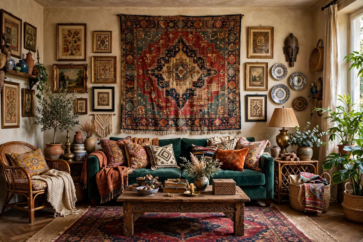 Maximalist living room with large vintage tapestry wall hanging behind sofa