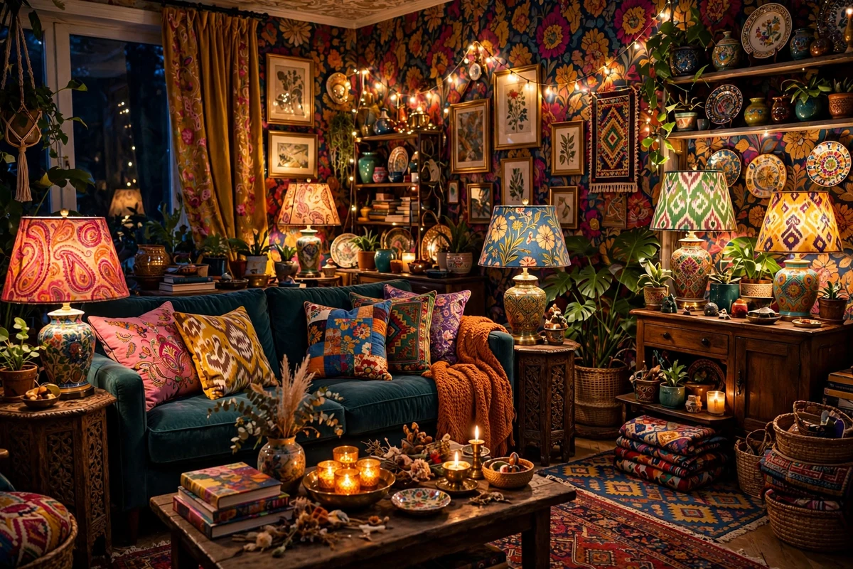 Maximalist living room lit by table lamps with mismatched colorful lampshades