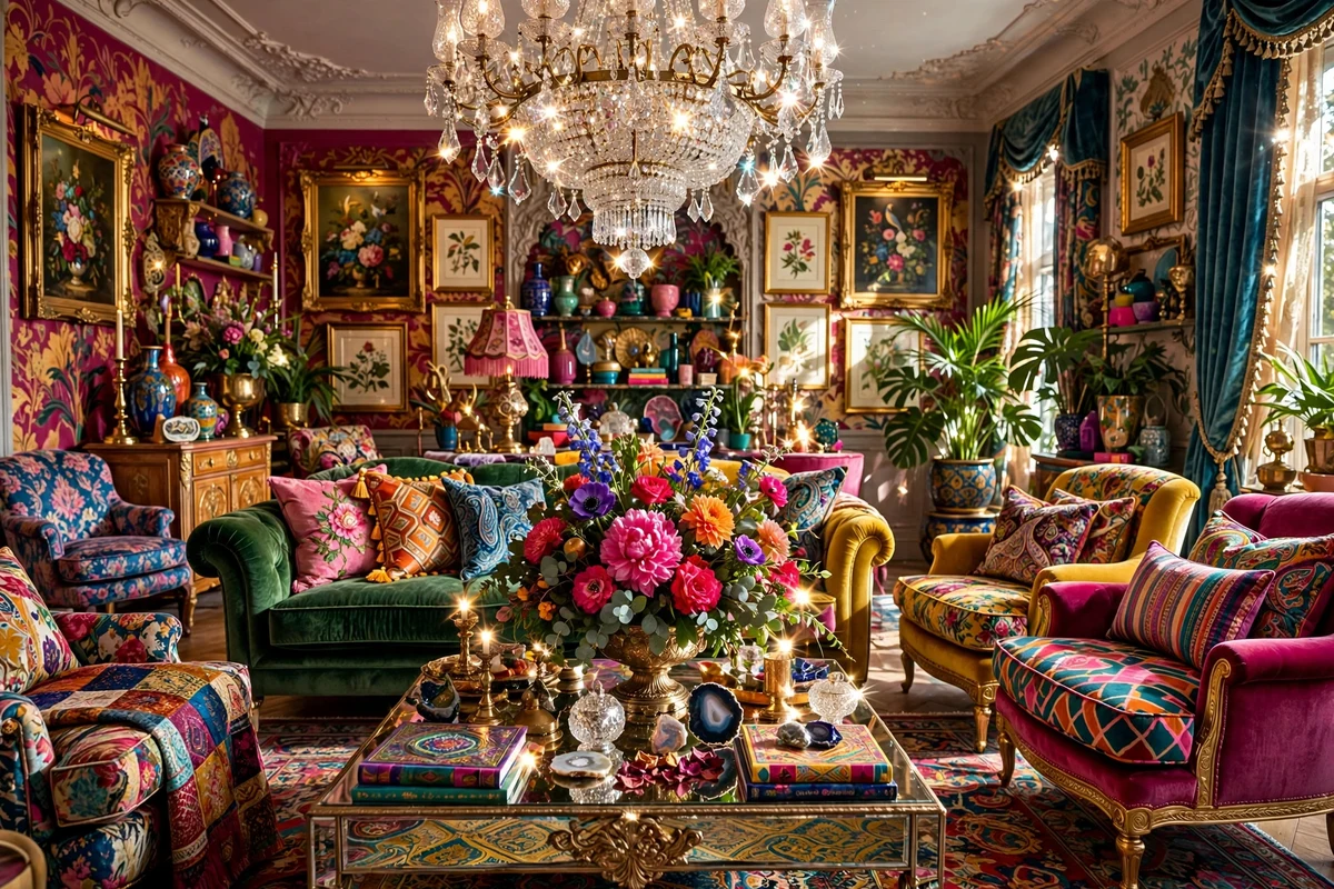 Maximalist living room with grand crystal chandelier over colorful seating