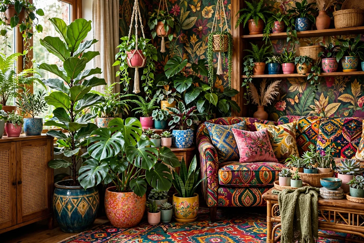 Maximalist living room corner with lush indoor plants in colorful pots