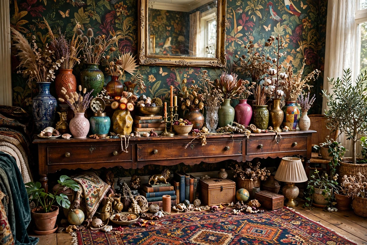 Maximalist living room console with collected vases in many colors and shapes