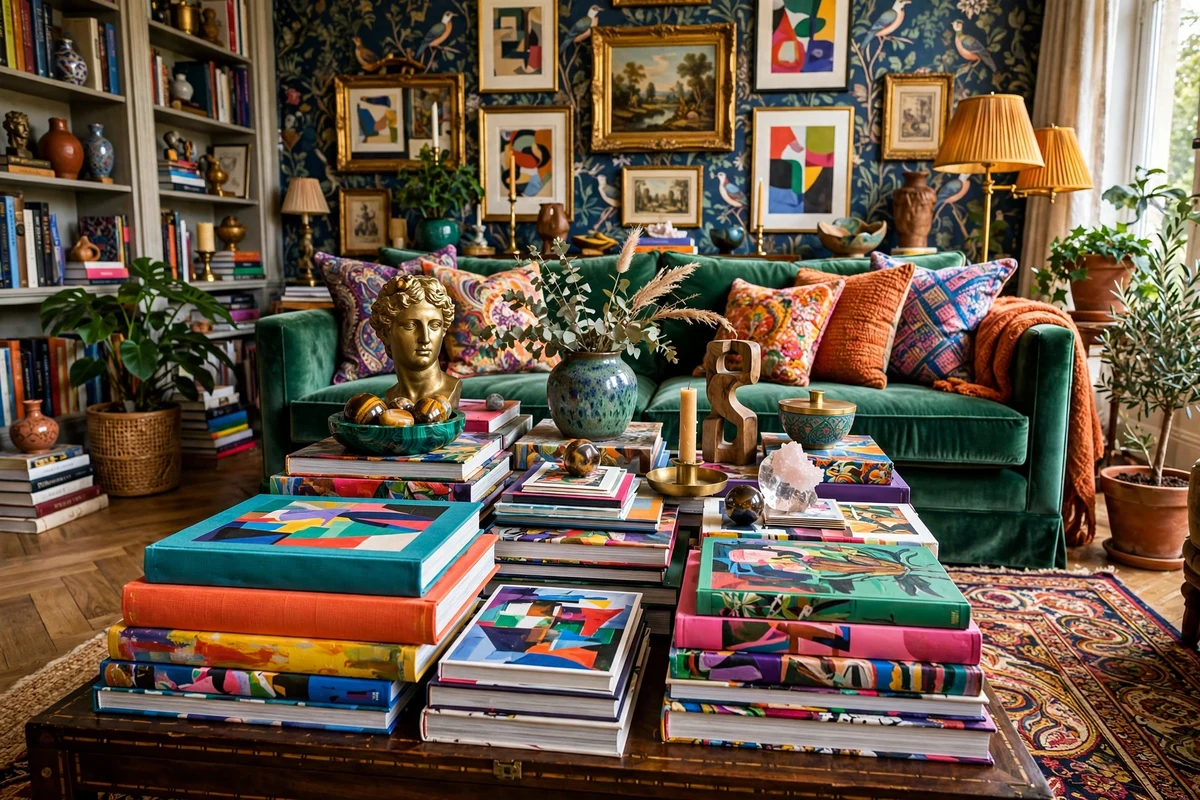 Maximalist living room coffee table stacked high with colorful art books