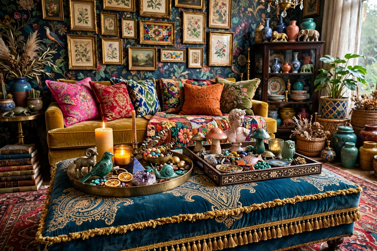 Maximalist living room ottoman with decorative trays styled with candles and objects