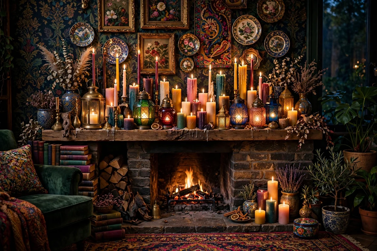 Maximalist living room mantel with clusters of candles and lanterns glowing