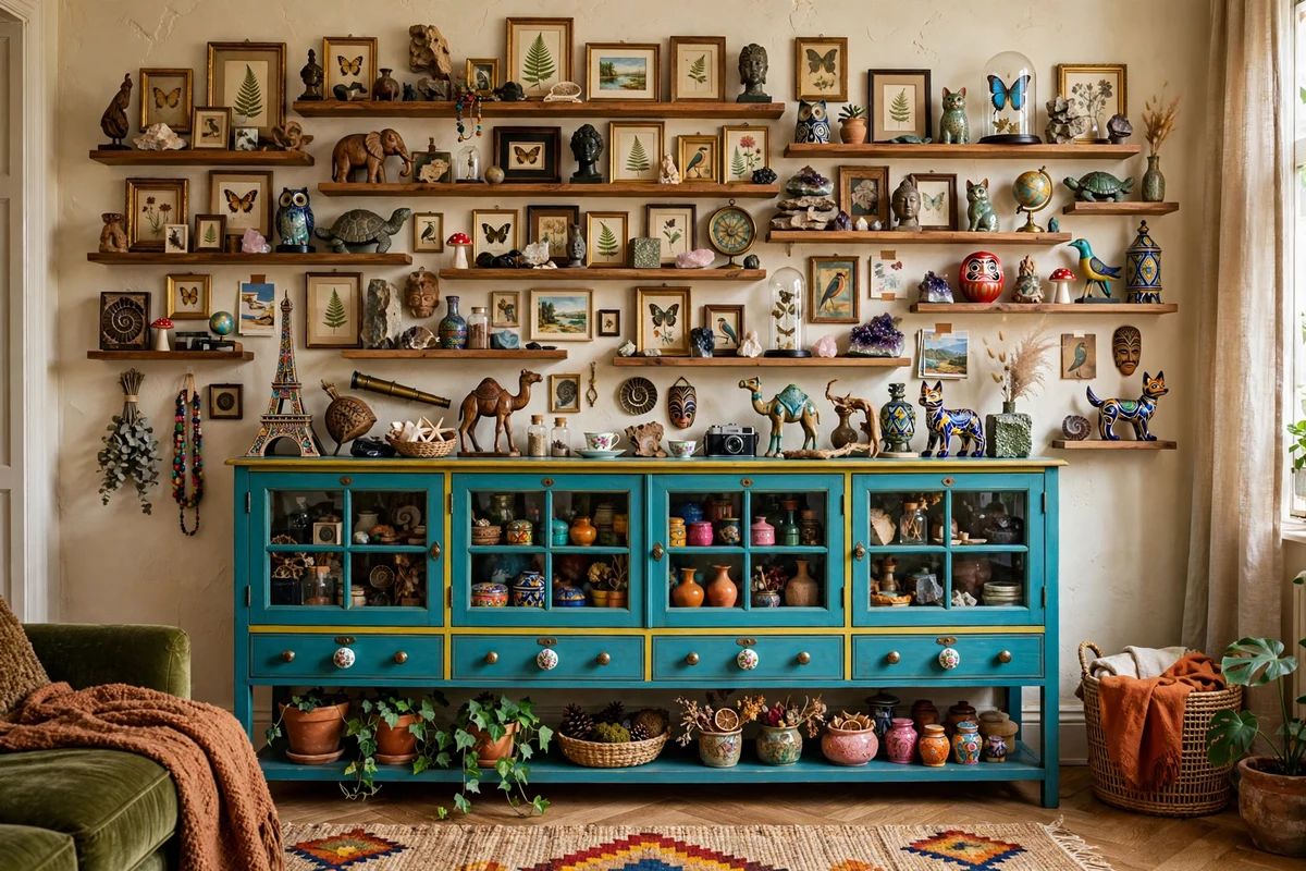 Maximalist living room wall of floating shelves packed with curios and souvenirs