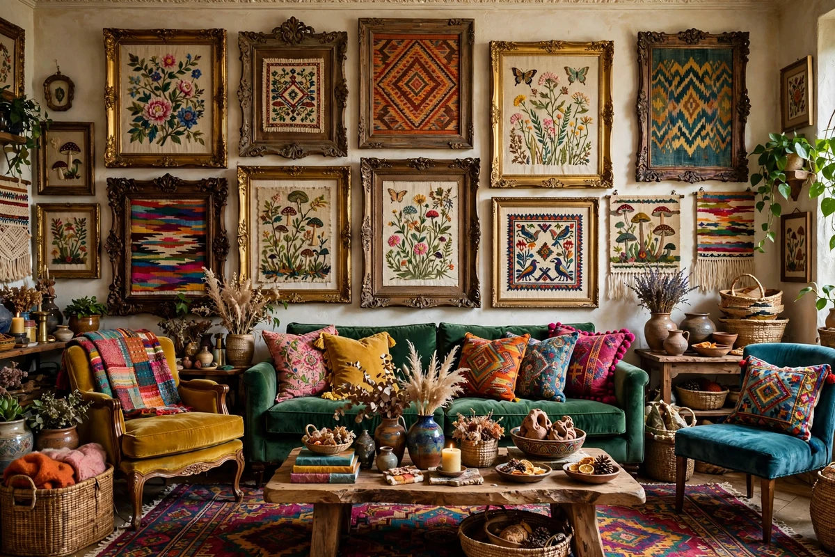 Maximalist living room wall with framed embroidered textile art in ornate frames