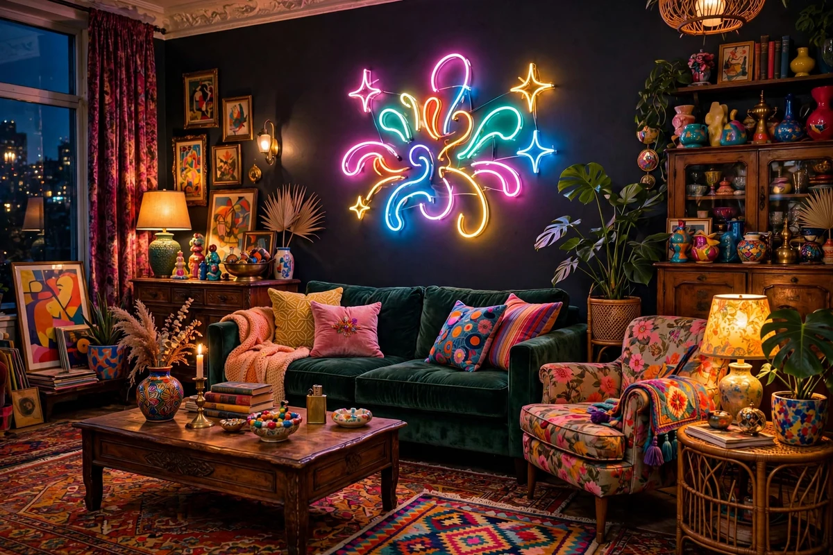 Maximalist living room with colorful neon art sign glowing above velvet sofa