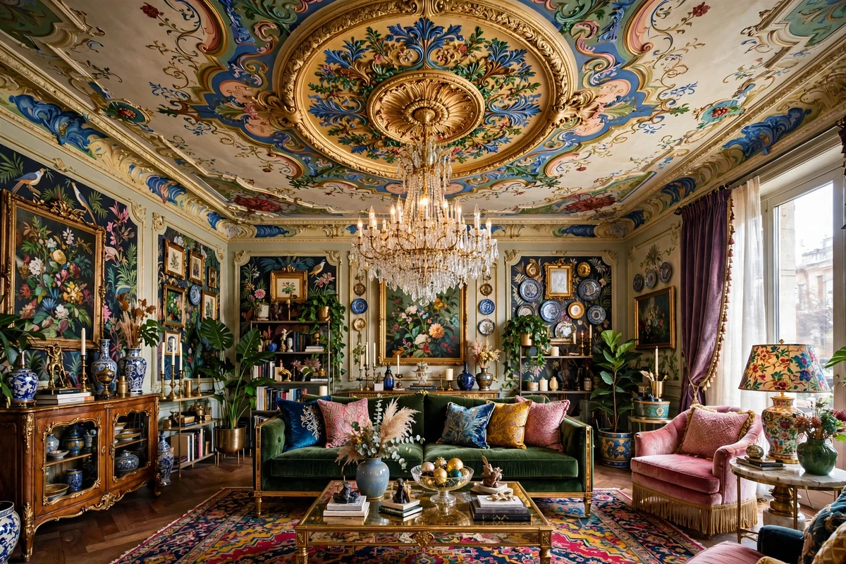 Maximalist living room with ornate painted ceiling medallion around chandelier