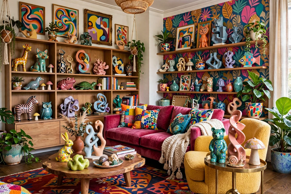 Maximalist living room with quirky colorful sculptural accents on tables and shelves