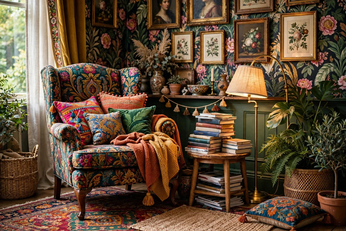 Maximalist living room corner reading nook with patterned wingback chair and books