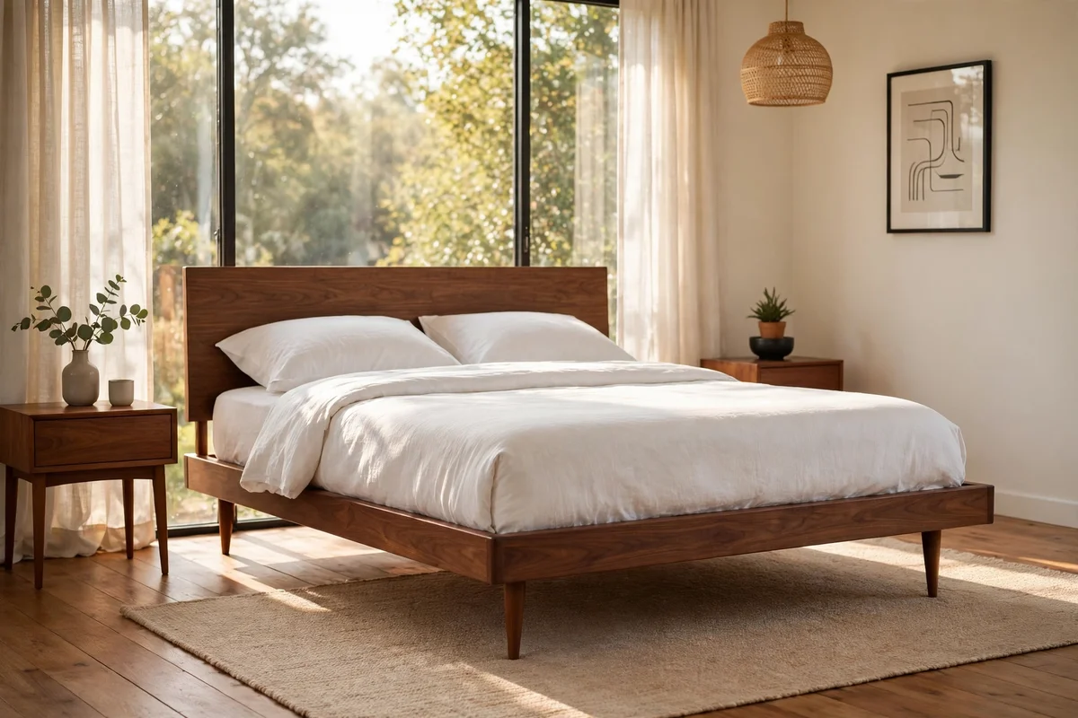Low walnut platform bed with tapered legs in a mid-century modern bedroom