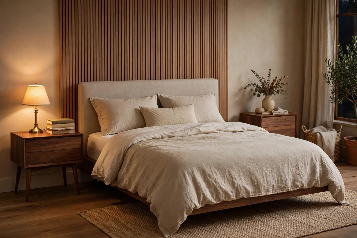 Matching walnut nightstands with tapered mid-century legs beside a bed