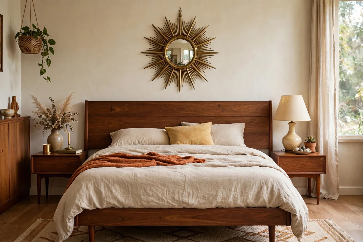 Brass sunburst mirror hanging above a walnut bed headboard