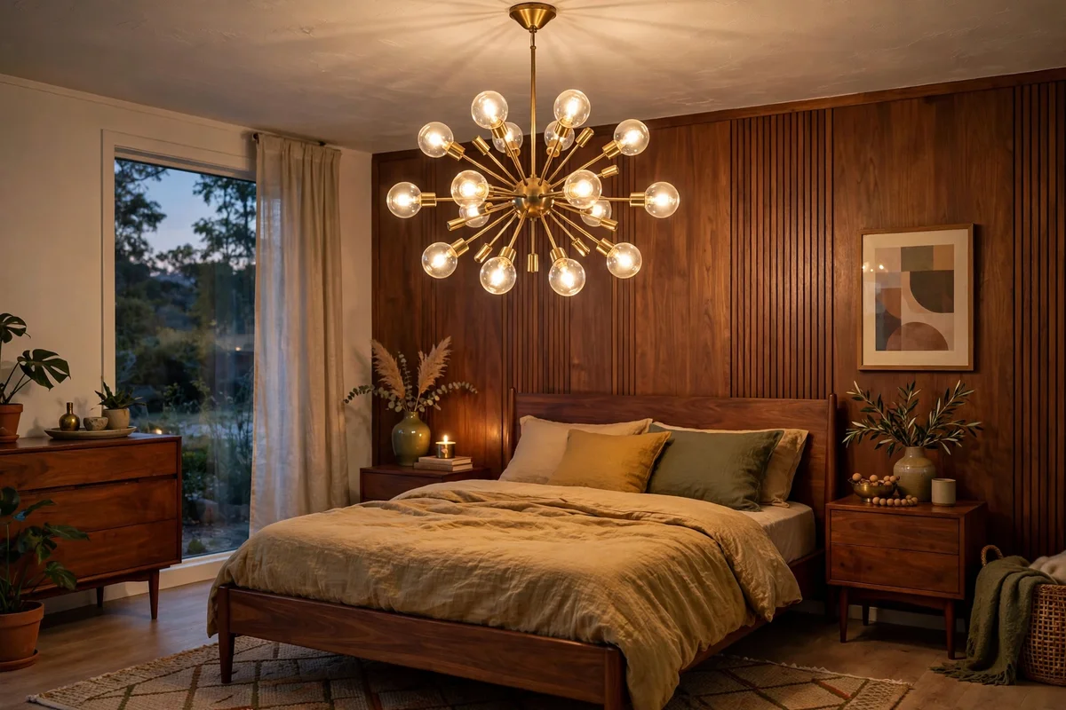 Brass sputnik chandelier with globe bulbs over a mid-century bedroom