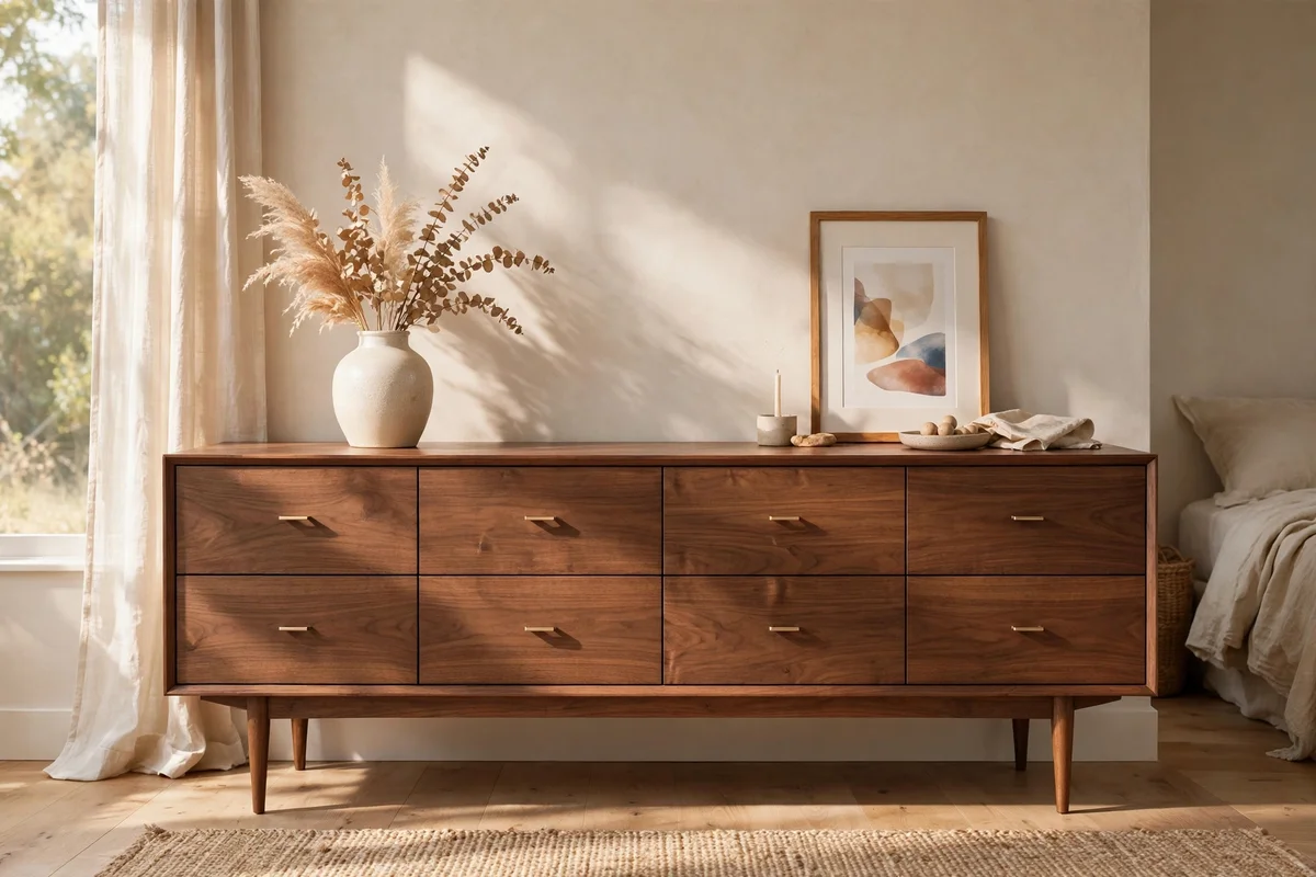 Long low walnut mid-century dresser with six drawers in a bedroom