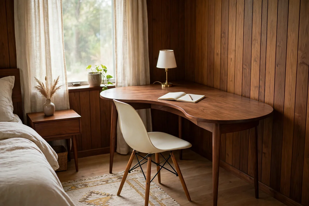 Kidney-shaped walnut writing desk with tapered legs in a bedroom corner