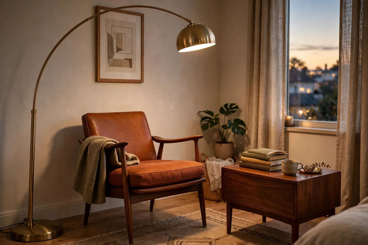Curved brass arc floor lamp arching over a mid-century reading chair
