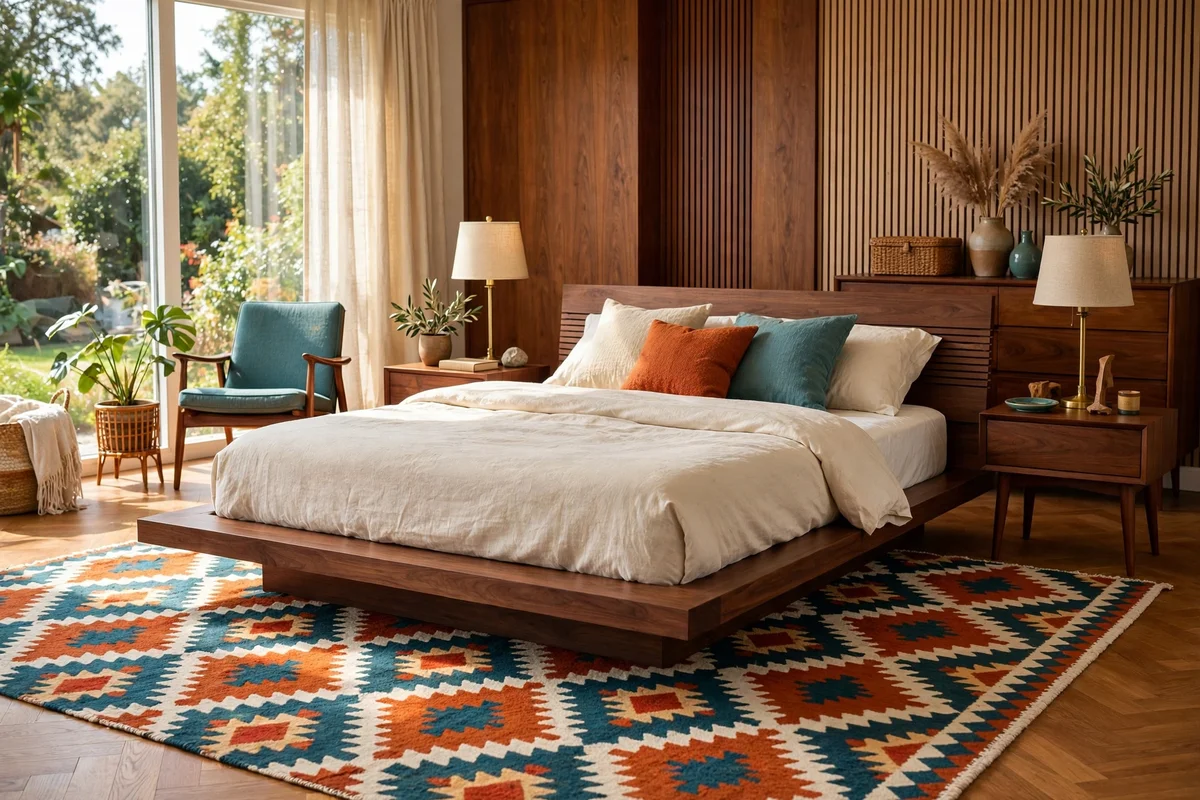Geometric wool rug in burnt orange and teal under a walnut bed