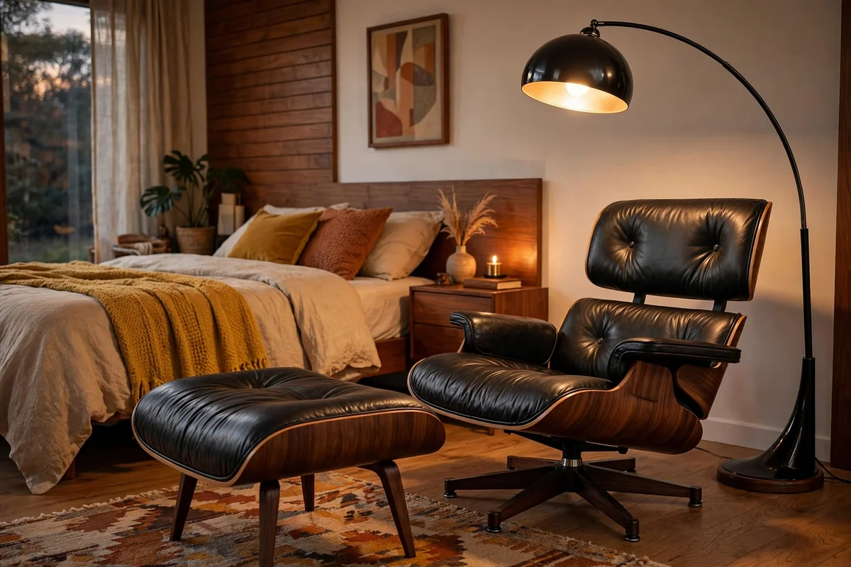 Black leather and walnut Eames-style lounge chair with ottoman in a bedroom