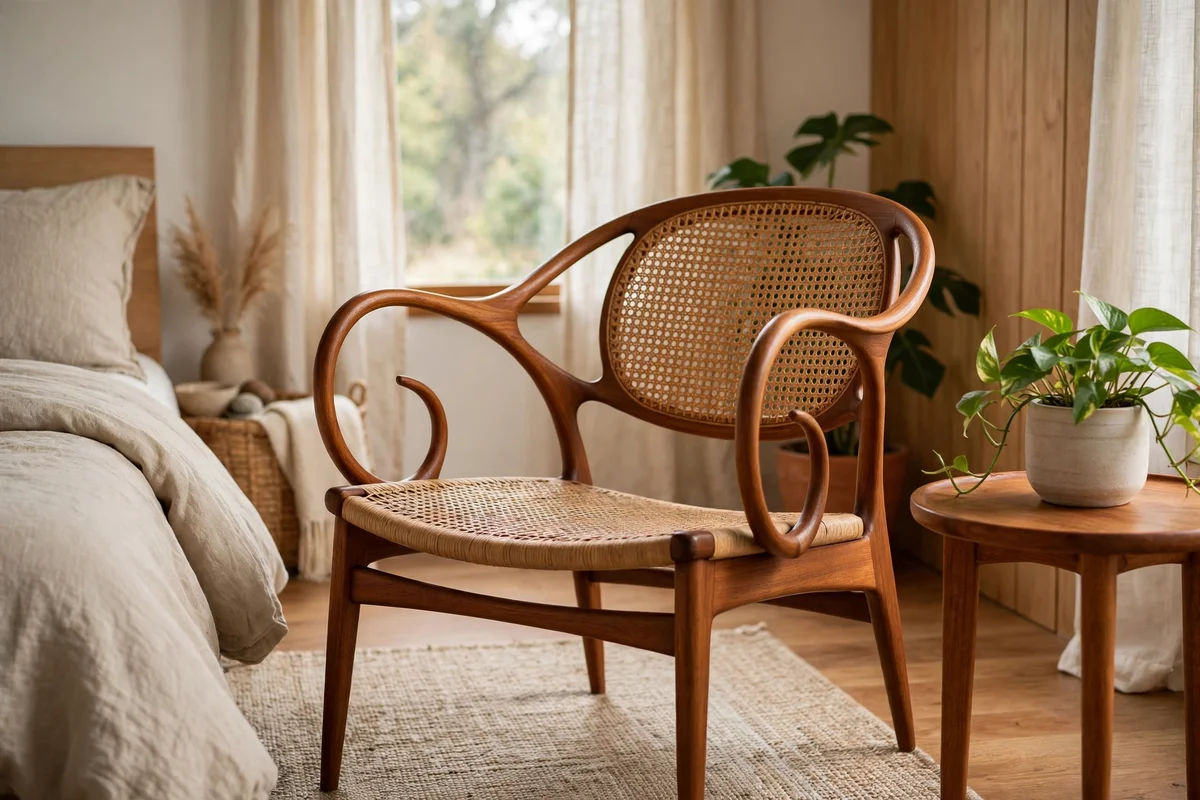 Sculptural teak mid-century accent chair with woven cane seat in a bedroom nook