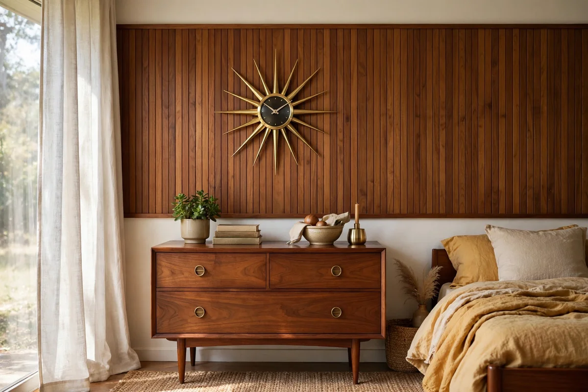 Brass atomic starburst wall clock in a mid-century modern bedroom