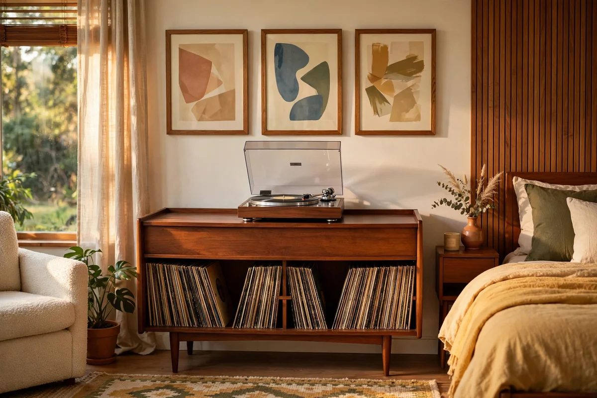 Vintage walnut record console with turntable in a mid-century bedroom