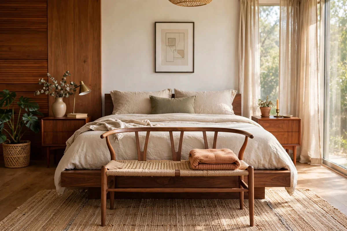 Wooden wishbone bench with woven cord seat at the foot of a bed