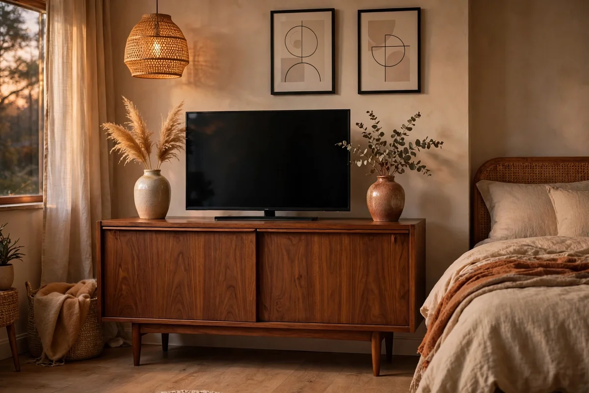 Mid-century walnut credenza with sliding doors used as a TV stand