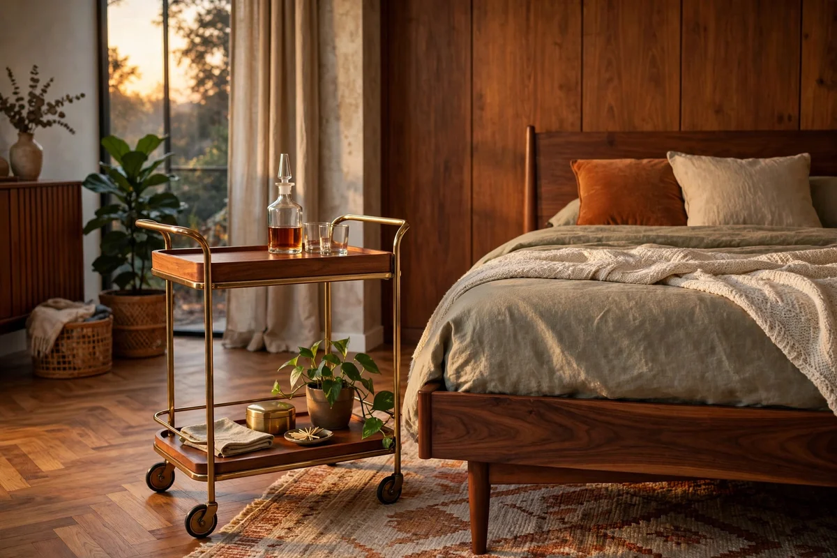 Two-tier brass bar cart used as a nightstand beside a walnut bed