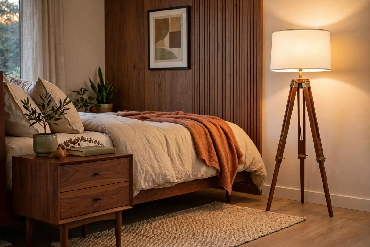 Wooden tripod floor lamp with white drum shade in a bedroom corner