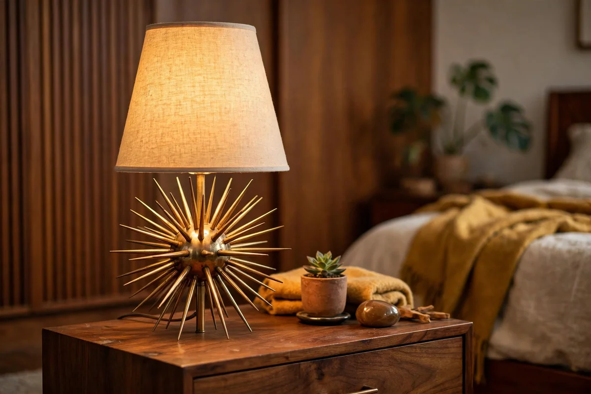 Atomic age table lamp with starburst brass base on a walnut nightstand