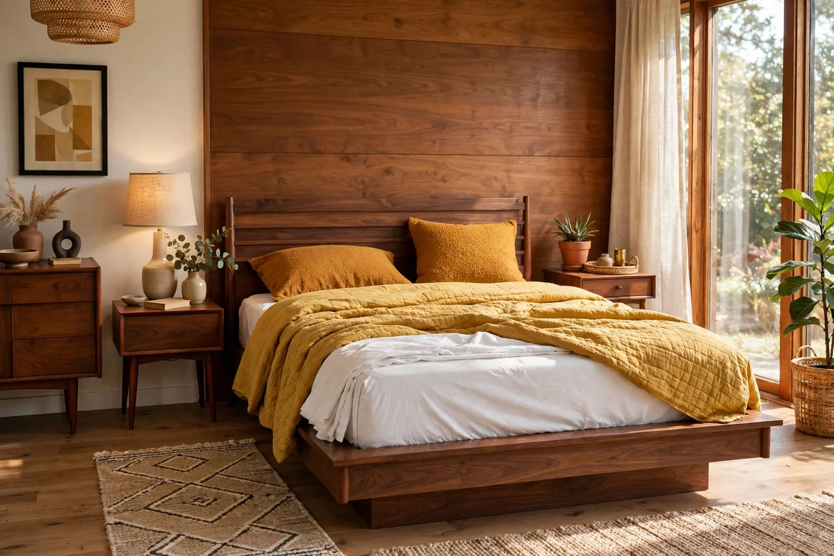 Walnut bed dressed with mustard yellow duvet and ochre pillows