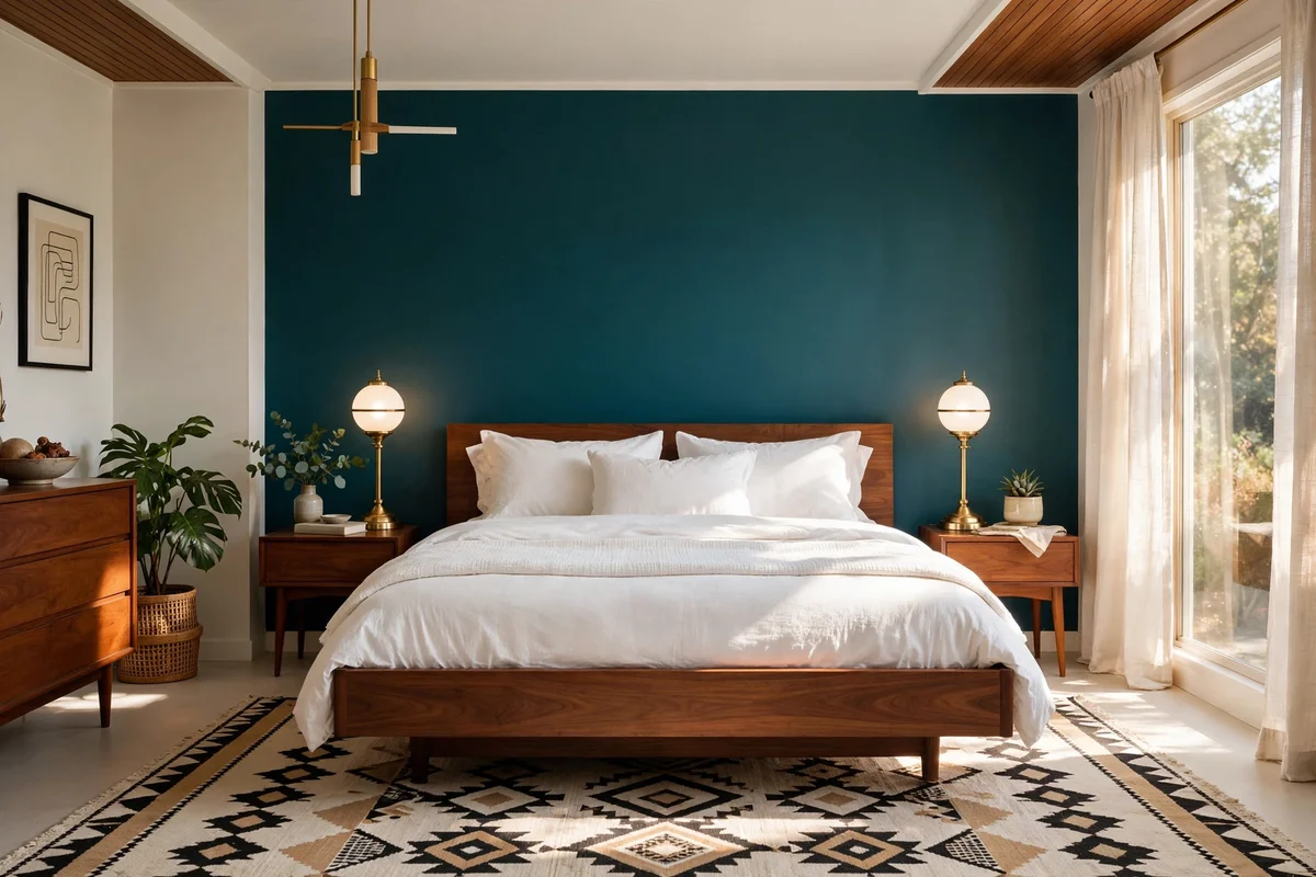 Deep teal accent wall behind a walnut platform bed in a mid-century bedroom