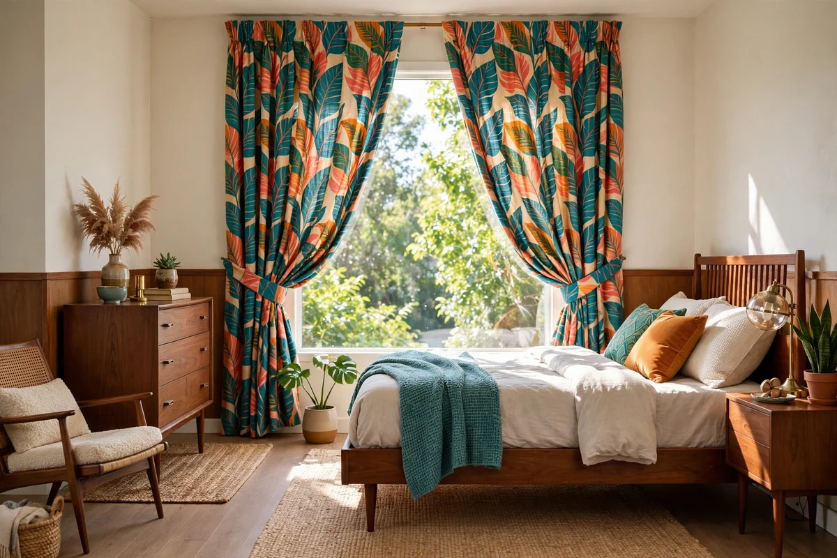 Bold retro barkcloth curtains with tropical pattern on a bedroom window
