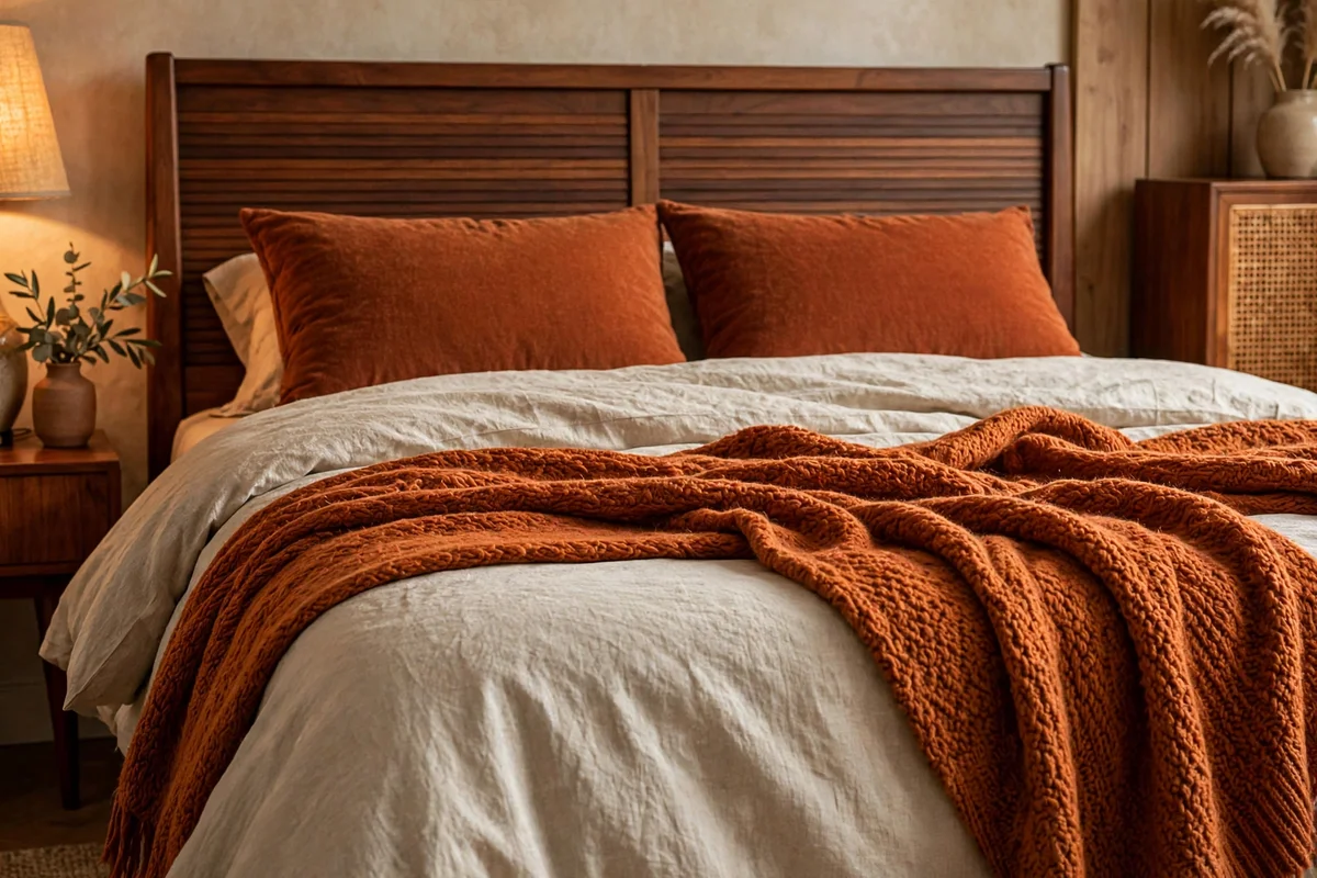Bed layered with burnt orange throw blanket and rust pillows