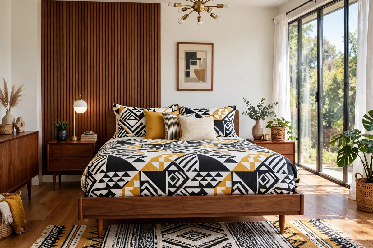 Bed with graphic geometric patterned bedding in black white and mustard