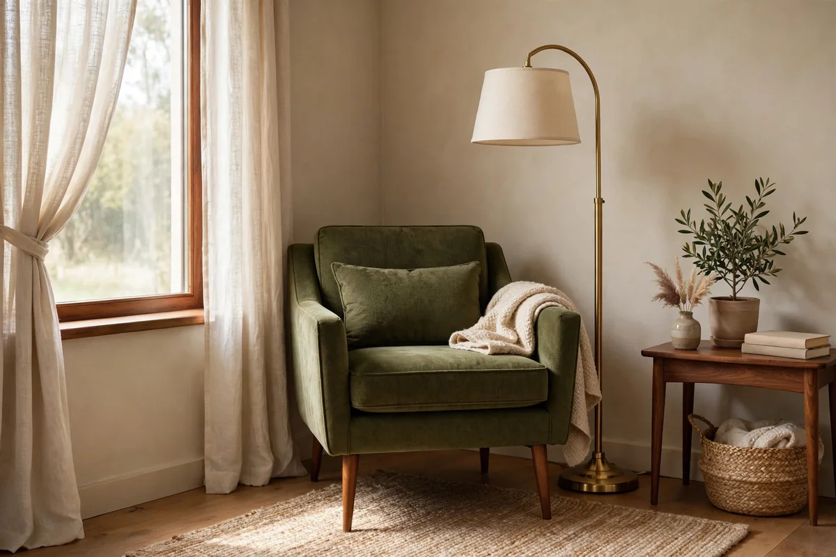 Olive green upholstered mid-century accent chair with walnut legs
