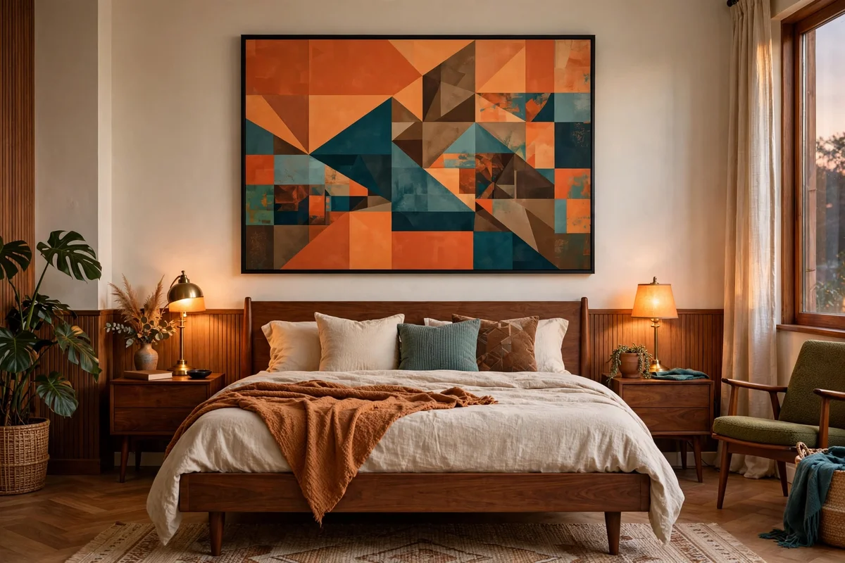Large abstract geometric art in orange and teal above a walnut bed