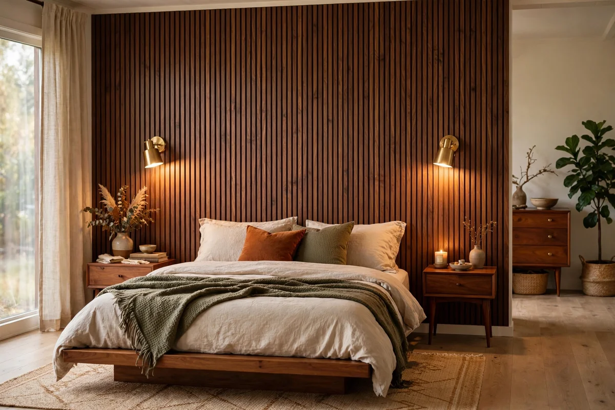 Bedroom accent wall with vertical walnut wood slat paneling