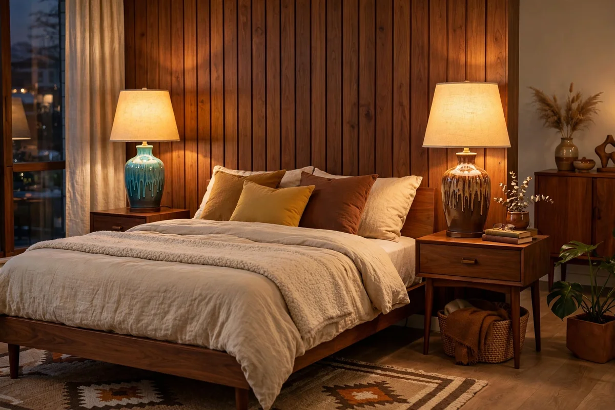 Pair of drip-glaze ceramic table lamps in turquoise on walnut nightstands