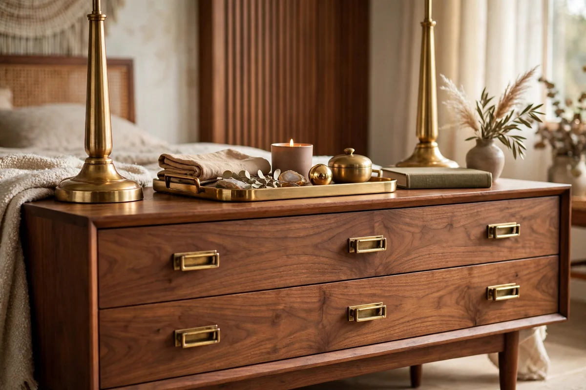 Brass drawer pulls lamp bases and tray styled on a walnut dresser